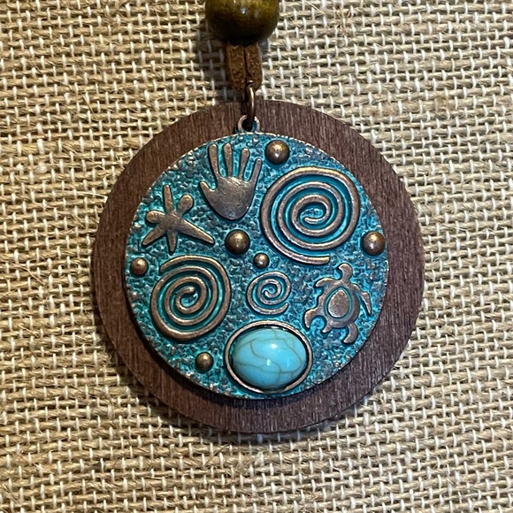 NEW Turquoise Bronzed Spiral Pendant Suede Necklace Life Circle Turtle WIsdom - Picture 4 of 13